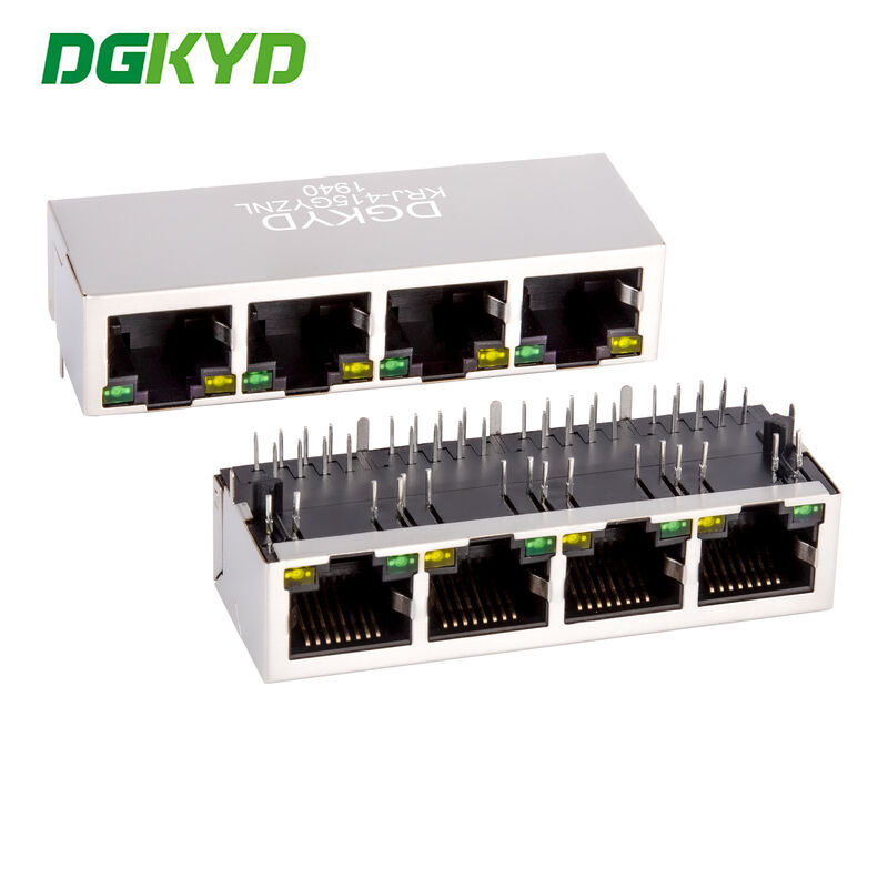 KRJ-415GYZNL quad cell RJ45 network connector with 100Mbps integrated Ethernet filtering shielding strip light