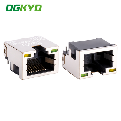 แจ็ค RJ45 แบบ SMT โปรไฟล์ต่ำพร้อมฉนวนป้องกันโลหะ ตัวเชื่อมต่อ RJ45 แบบ DIP 4.2 พร้อมฉนวนและไฟ DGKYDCB421188AB1W6DB1075