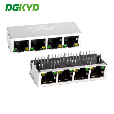 หัวต่อ RJ45 แบบโมดูลาร์ 4 พอร์ต หุ้มฉนวนโลหะ 1000 Base-Tx พร้อม LED และสำหรับยึดบน PCB